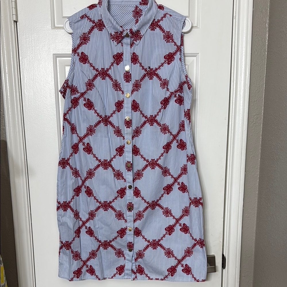Sleeveless Striped Dress with Red Floral Pattern